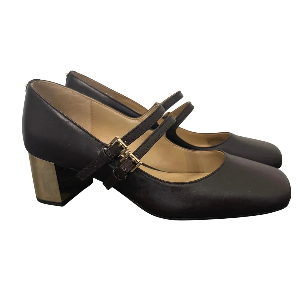 Michael Kors Mary Jane Heels 6M Brown Leather Double Strap Preppy Dark Academia